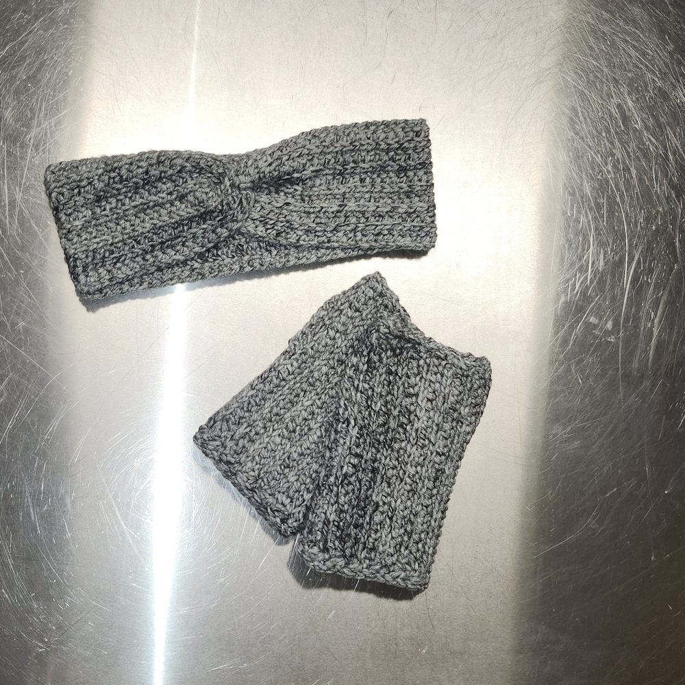 Hand Crafted Gray Crochet Fingerless Gloves and Earwarmer Headband Set